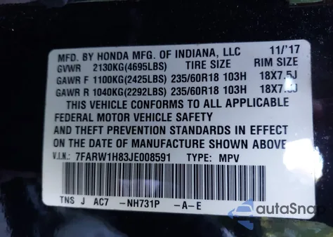 2018 Honda Cr-V Ex-L/Ex-L Navi из США, поврежденный, VIN 7FARW1H83JE008591